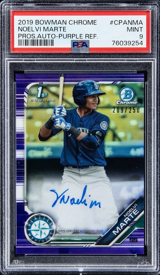 2019 Bowman Chrome Prospects Noelvi Marte Autographs - Green Refractor #CPANMA card image