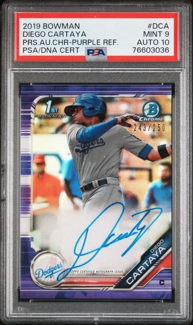 2019 Bowman Diego Cartaya Prospect Autographs Chrome Purple Refractor #DCA card image