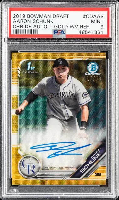 2019 Bowman Draft Aaron Schunk Chrome Draft Picks Autograph Gold Wave Refractor #CDA-AS card image