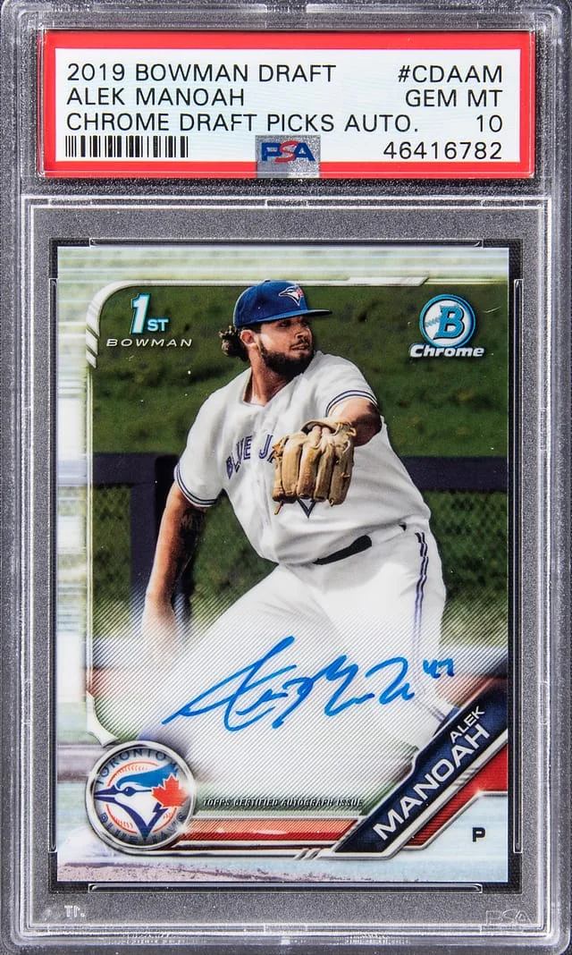 2019 Bowman Draft Alek Manoah Chrome Draft Picks Autographs Blue Refractor #CDA-AM card image