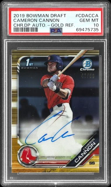 2019 Bowman Draft Cameron Cannon Chrome Draft Picks Autograph Gold Refractor #CDA-CCA card image