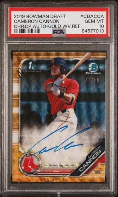 2019 Bowman Draft Cameron Cannon Chrome Draft Picks Autograph Gold Wave Refractor #CDACCA card image