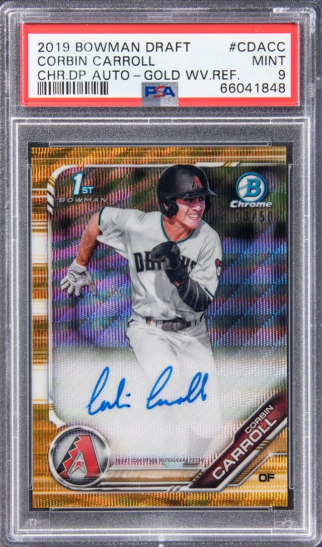 2019 Bowman Draft Corbin Carroll Chrome Draft Picks Autograph Gold Wave Refractor #CSA-CC card image