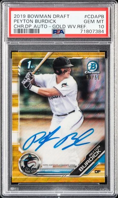 2019 Bowman Draft Peyton Burdick Chrome Draft Picks Autograph Gold Wave Refractor #CDAPB card image