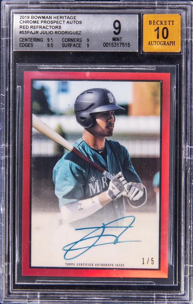 2019 Bowman Julio Rodriguez Heritage Chrome Prospect Autographs Red Refractor #53PA-JR card image