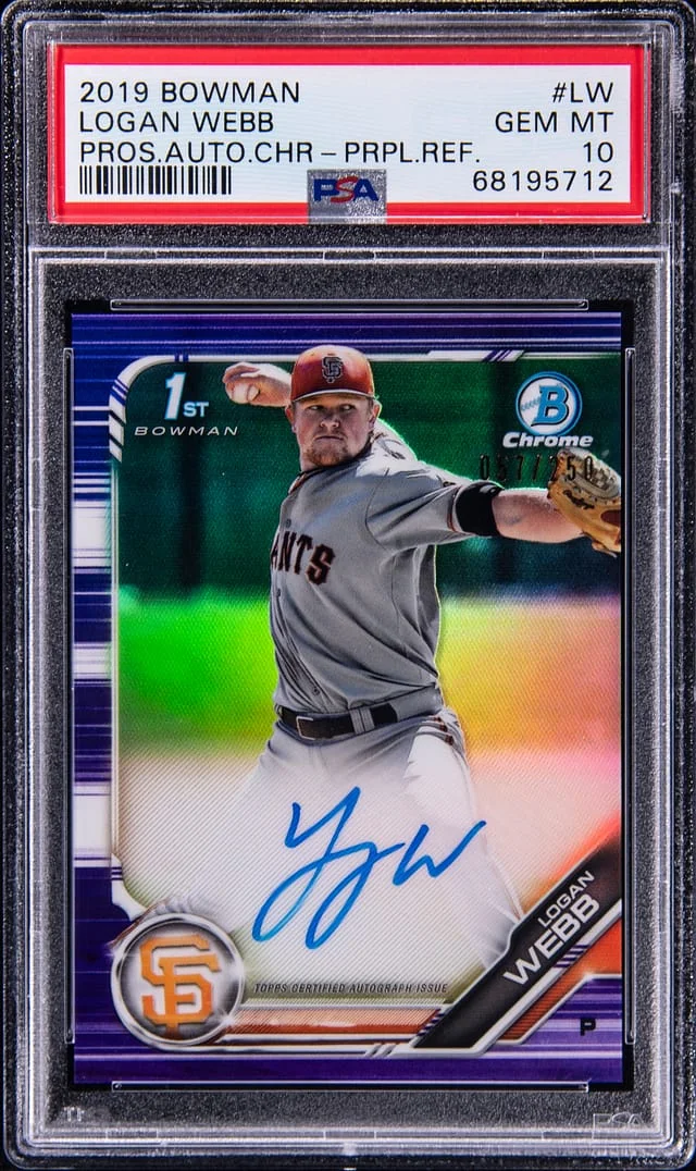 2019 Bowman Logan Webb Prospects Autograph Chrome Purple Refractor #CPA-LW card image