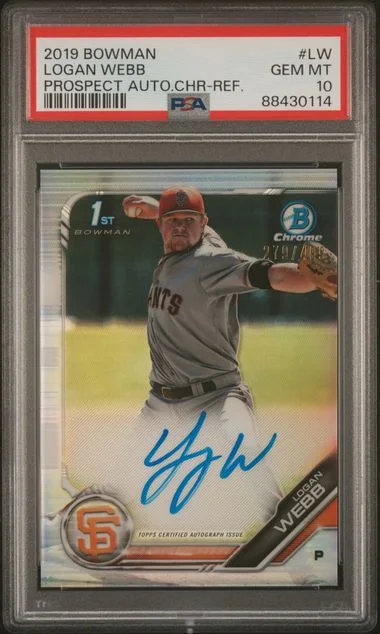 2019 Bowman Logan Webb Prospect Autographs Chrome Refractor #LW card image