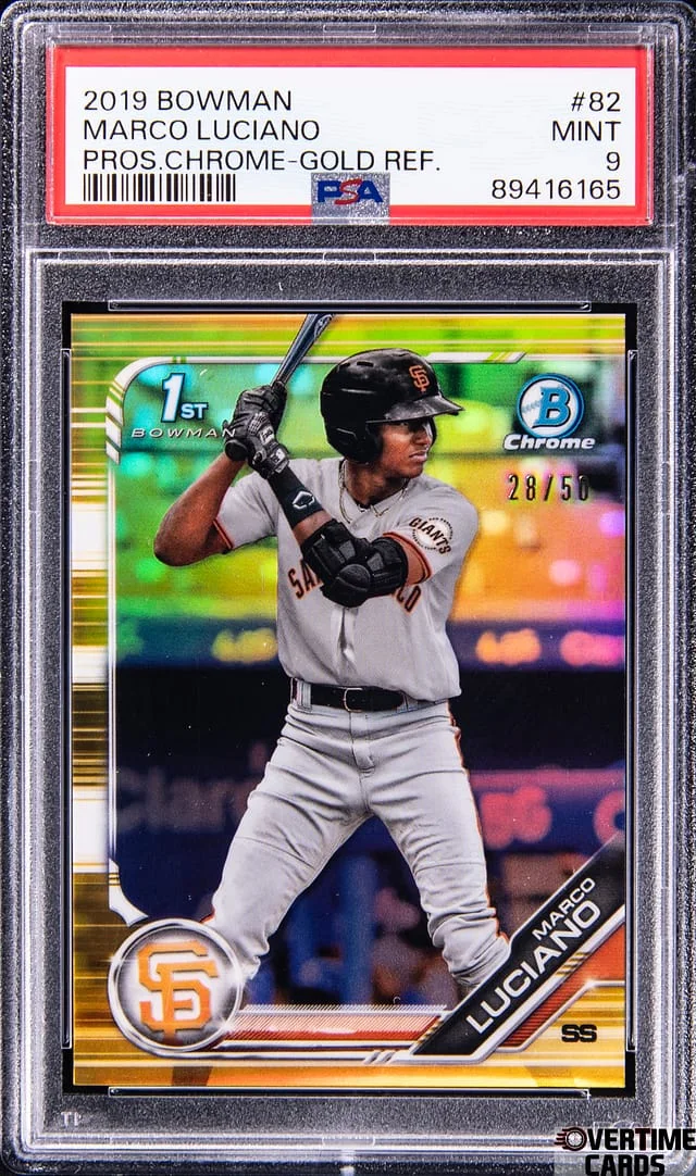 2019 Bowman Marco Luciano Prospects Chrome-Gold Refractor #82 card image