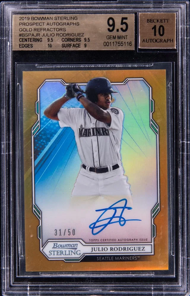 2019 Bowman Sterling Julio Rodriguez Prospect Autographs Gold Refractor #BSPAJR card image