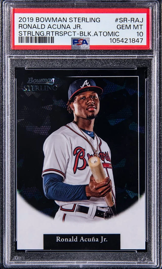 2019 Bowman Sterling Ronald Acuna Jr. Sterling Retrospect Black Atomic #SR-RAJ card image
