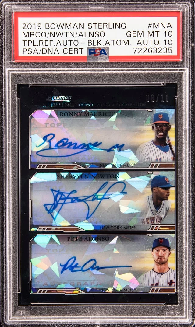 2019 Bowman Sterling Ronny Mauricio/Shervyen Newton/Pete Alonso Multi-Signed Triple Autograph Black Atomic Refractor #TRA-MNA card image