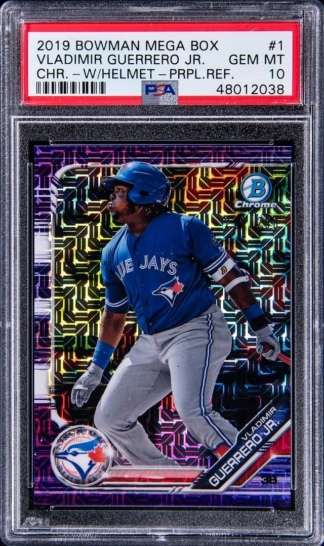 2019 Bowman Vladimir Guerrero Jr., With Helmet Mega Box Chrome Purple Refractor #BCP-1 card image