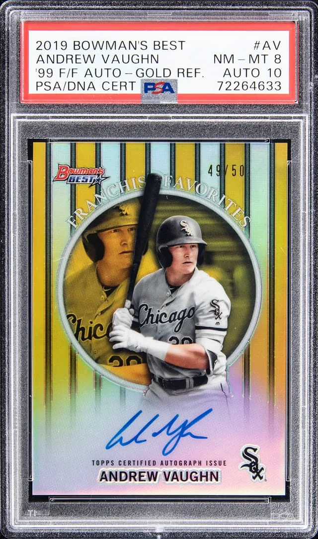 2019 Bowman's Best Andrew Vaughn 99 Franchise Favorites Autograph Gold Refractor #99FFA-AV card image