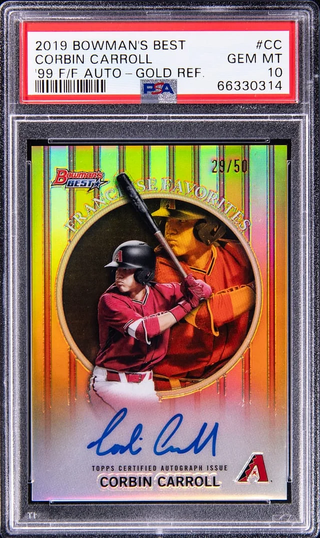 2019 Bowman's Best Corbin Carroll 1999 Franchise Favorites Autograph Gold Refractor #CC card image