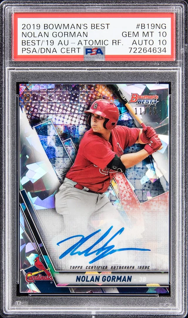 2019 Bowman's Best Nolan Gorman Best of '19 Autograph Atomic Refractor #B19-NG card image