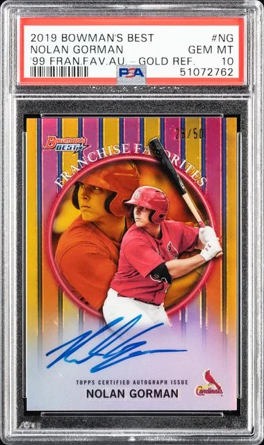 2019 Bowman's Best Nolan Gorman 1999 Franchise Favorites Autographs Gold Refractor #NG card image
