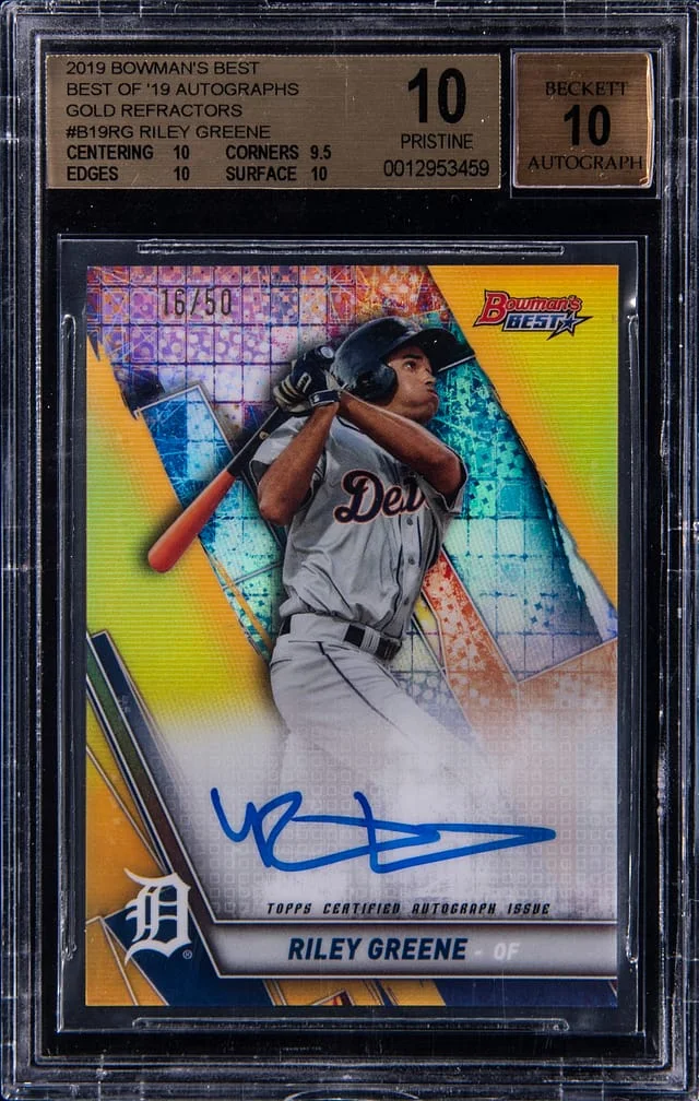 2019 Bowman's Best Riley Greene of '19 Autographs Gold Refractor #B19RG card image