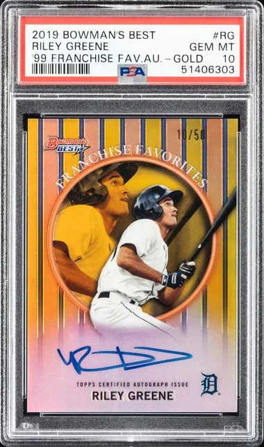 2019 Bowman's Best Riley Greene 1999 Franchise Favorites Autographs Gold Refractor #RG card image