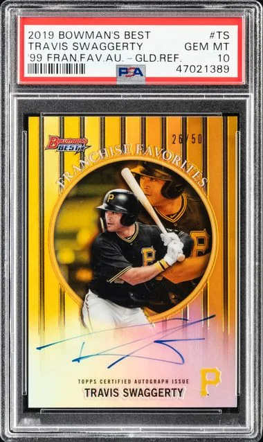 2019 Bowman's Best Travis Swaggerty 1999 Franchise Favorites Autographs Gold Refractor #TS card image