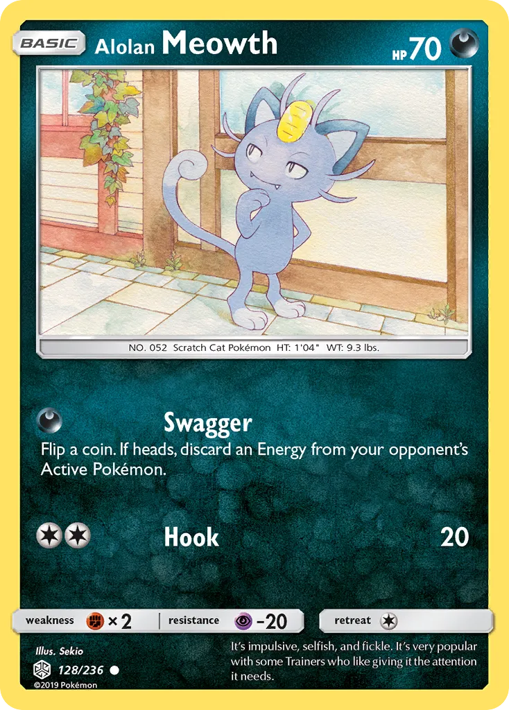 2019 Cosmic Eclipse Alolan Meowth Common #128/236 Common card image