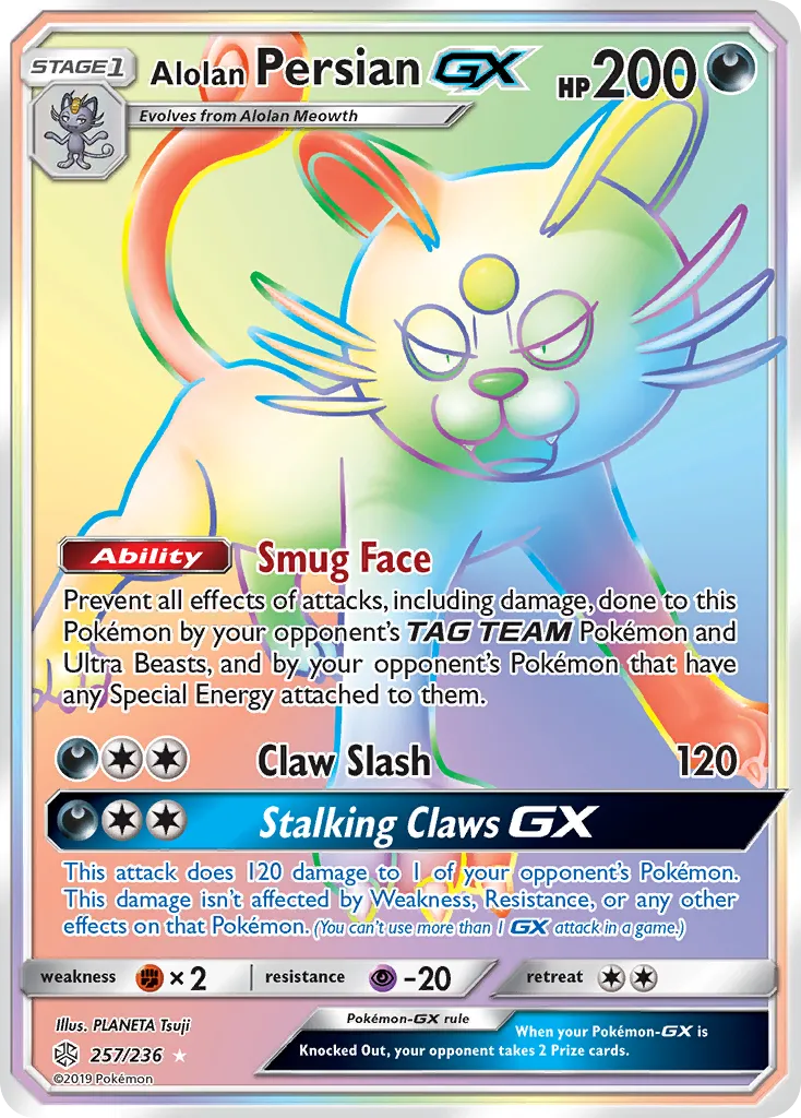 2019 Cosmic Eclipse Alolan Persian-GX #219/236 Rare Ultra card image