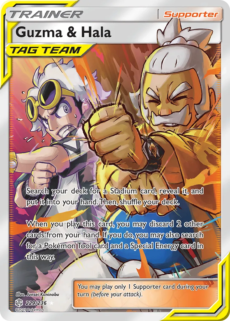 2019 Cosmic Eclipse Guzma & Hala #229/236 Rare Ultra card image