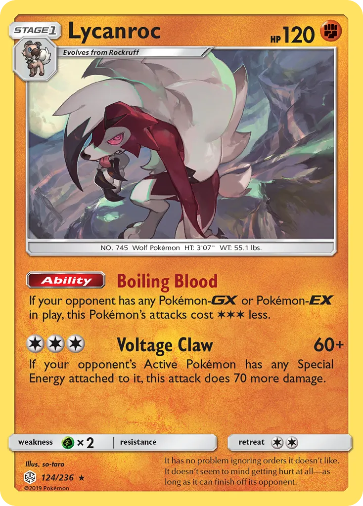 2019 Cosmic Eclipse Lycanroc Rare Holo #124/236 Rare Holo card image