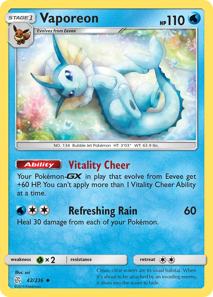 2019 Cosmic Eclipse Vaporeon Uncommon #042/236 Uncommon card image