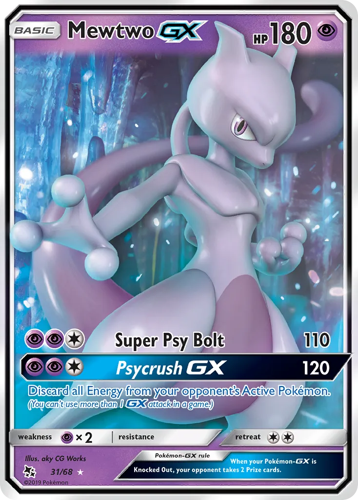 2019 Hidden Fates Mewtwo-GX #31/68 Rare Holo GX card image