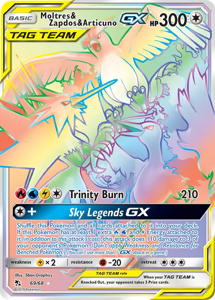 2019 Hidden Fates Moltres & Zapdos & Articuno-GX #69/68 Rare Rainbow card image