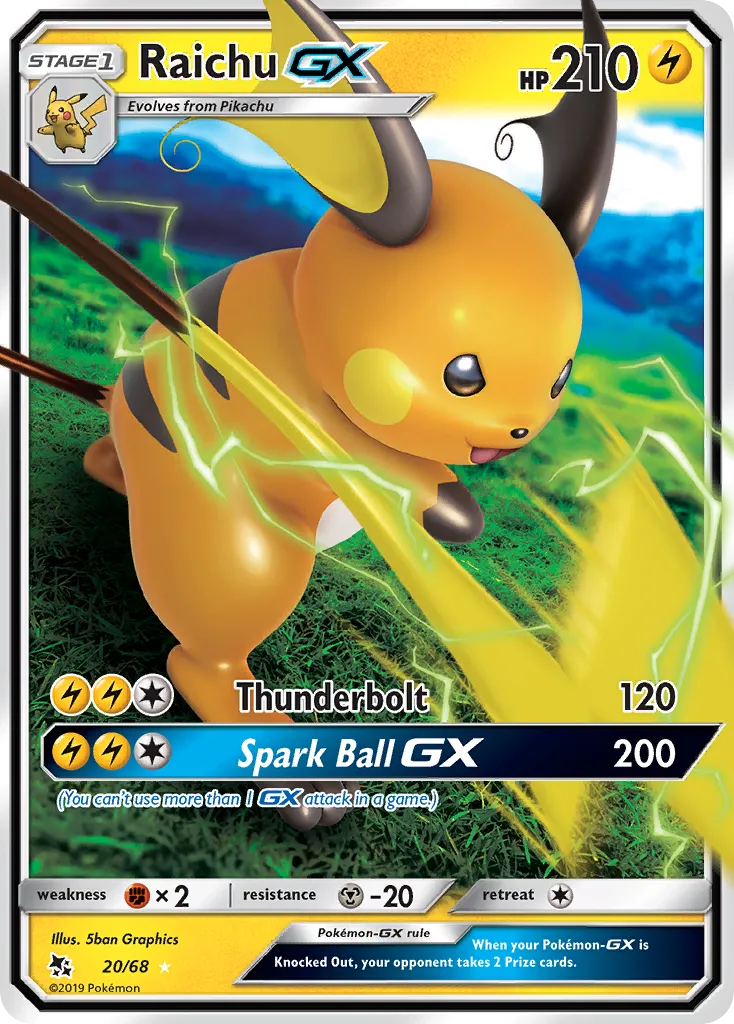 2019 Hidden Fates Raichu-GX #20/68 Rare Holo GX card image