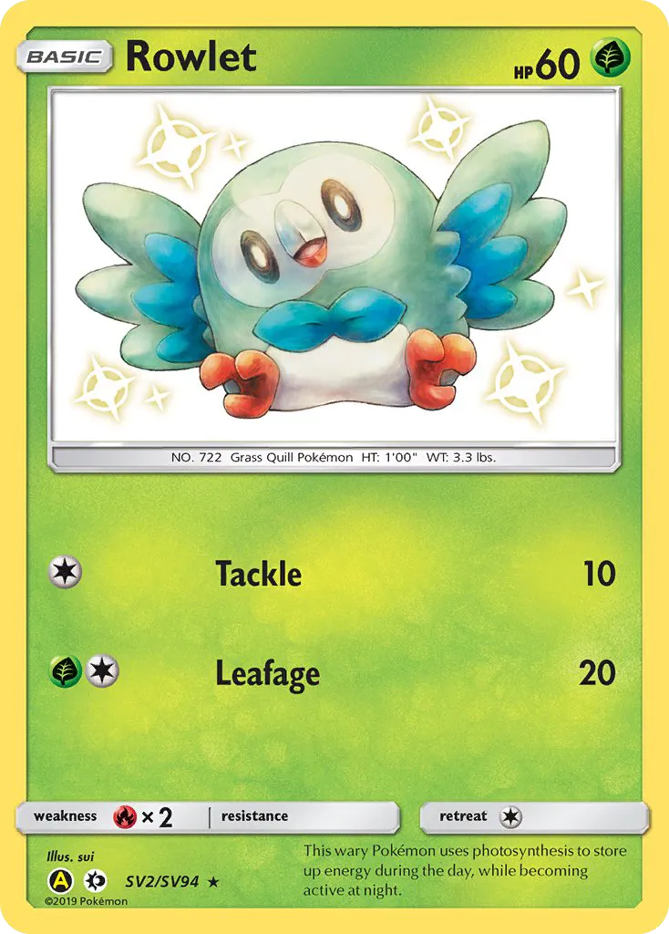 2019 Hidden Fates Shiny Vault Rowlet #SV2 Rare Shiny card image