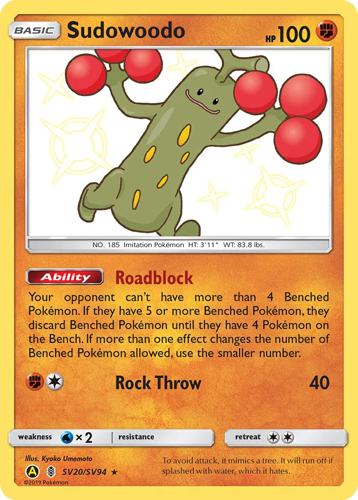 2019 Hidden Fates Shiny Vault Sudowoodo #SV20 Rare Shiny card image