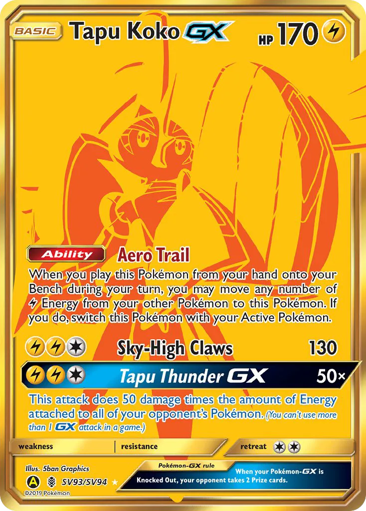 2019 Hidden Fates Shiny Vault Tapu Koko-GX #SV93 Rare Secret card image
