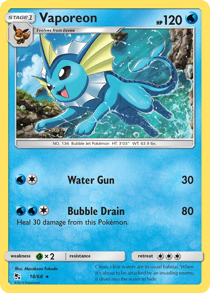 2019 Hidden Fates Vaporeon #18/68 Rare Holo card image