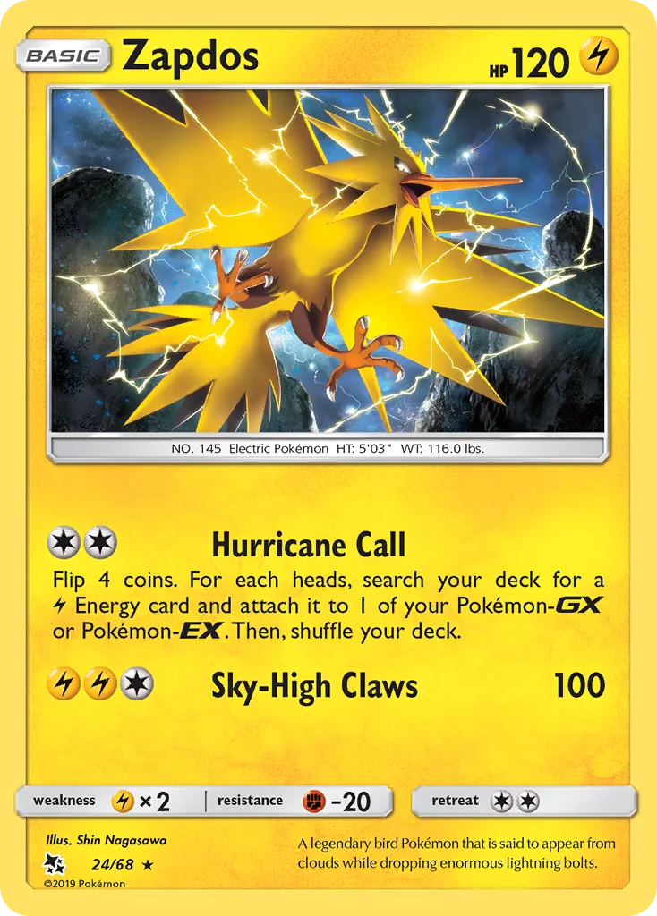 2019 Hidden Fates Zapdos #24/68 Rare Holo card image