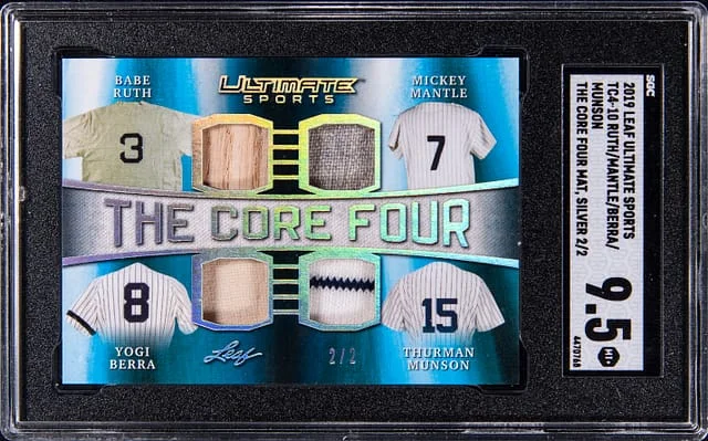 2019 Leaf Babe Ruth/Mickey Mantle/Yogi Berra/Thurman Munson Ultimate Sports The Core Four Materials Silver #TC4-10 card image