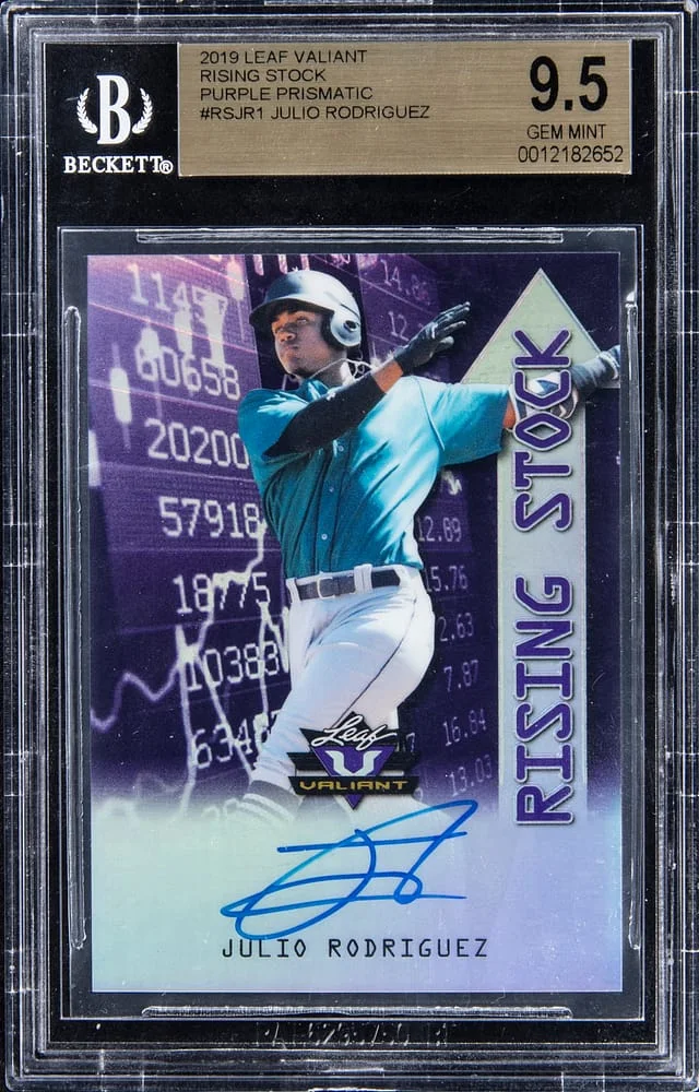 2019 Leaf Julio Rodriguez Valiant Rising Stock Purple Prismatic #RS-JR1 card image