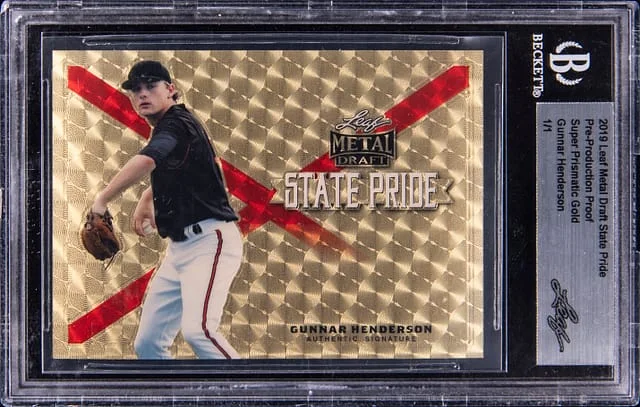 2019 Leaf Metal Draft State Pride Pre-Production Proof Super Prismatic Gold Gunnar Henderson - Leaf Encased #no-number card image