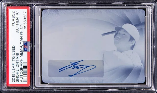 2019 Leaf Shohei Ohtani In The Game Used Autograph Memorabilia Cyan Printing Plate #UA-SO2 card image