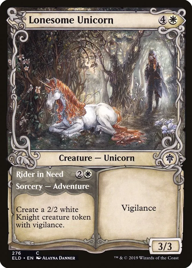 2019 Throne of Eldraine Lonesome Unicorn // Rider in Need #276 common card image