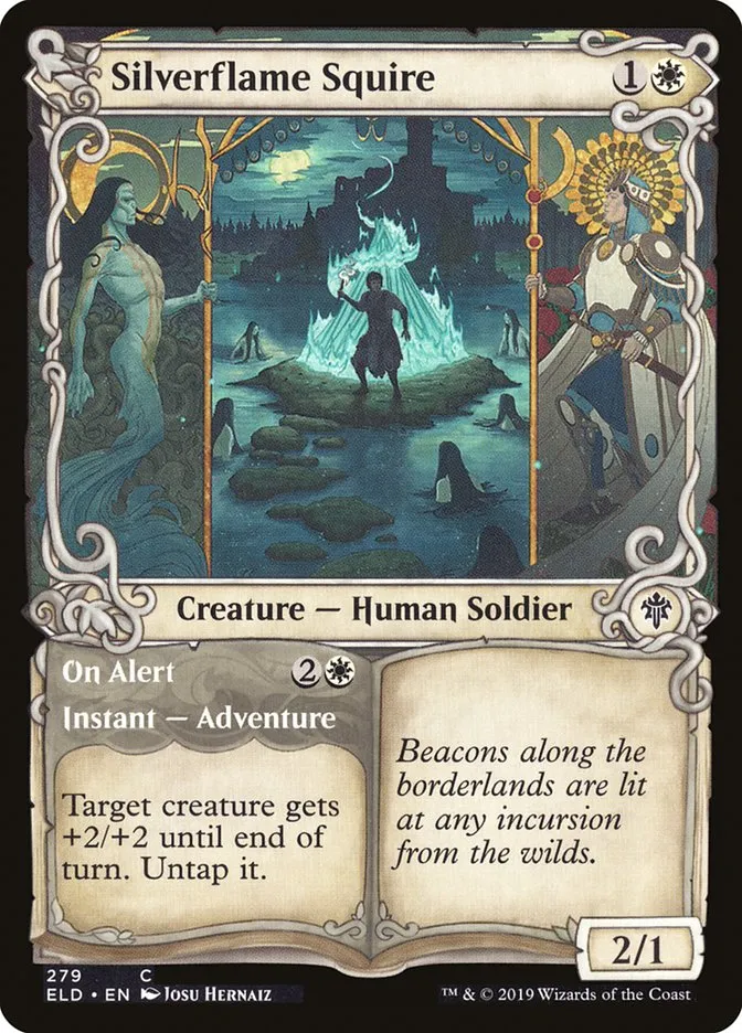 2019 Throne of Eldraine Silverflame Squire // On Alert #279 common card image