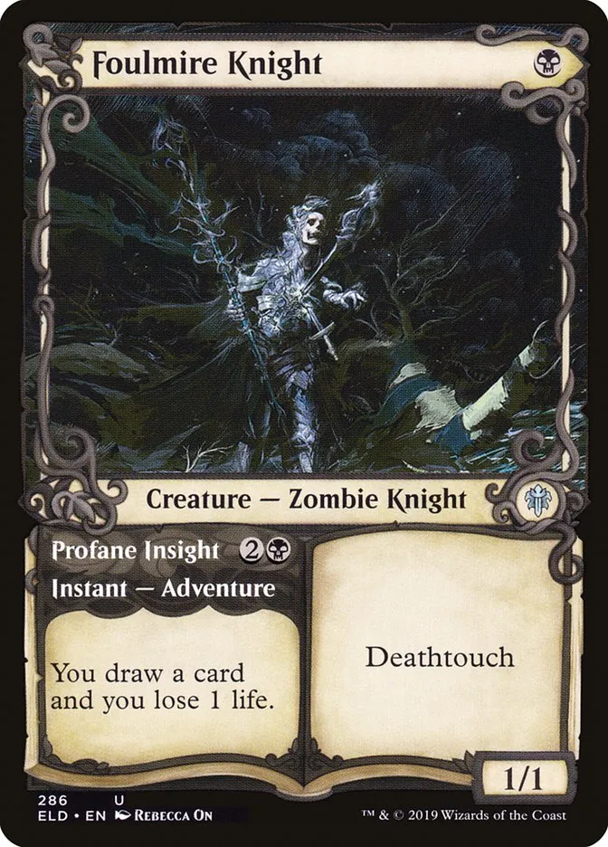 2019 Throne of Eldraine Foulmire Knight // Profane Insight #286 uncommon card image