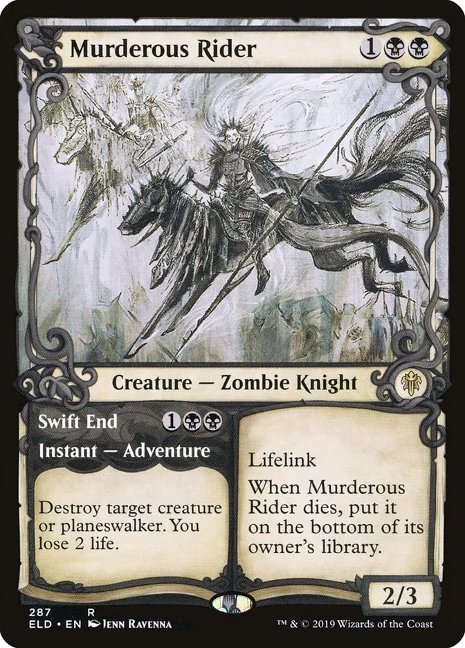 2019 Throne of Eldraine Murderous Rider // Swift End rare #287 rare card image