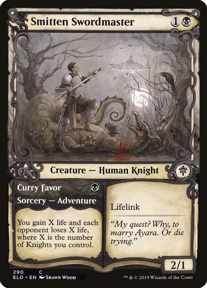 2019 Throne of Eldraine Smitten Swordmaster // Curry Favor #290 common card image