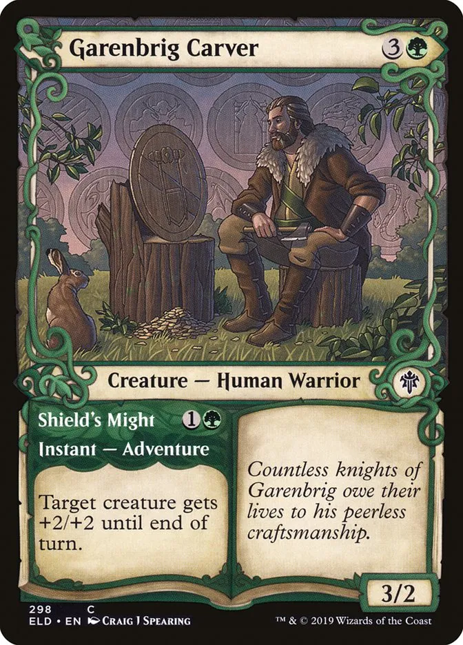 2019 Throne of Eldraine Garenbrig Carver // Shield's Might #298 common card image