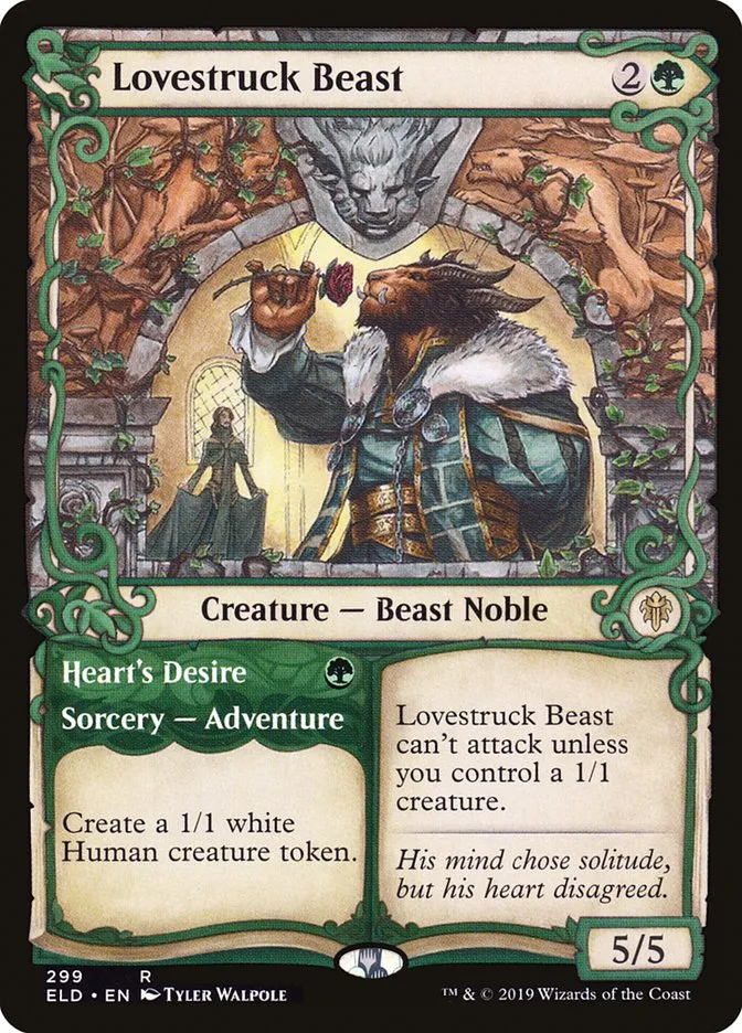2019 Throne of Eldraine Lovestruck Beast // Heart's Desire rare #299 rare card image
