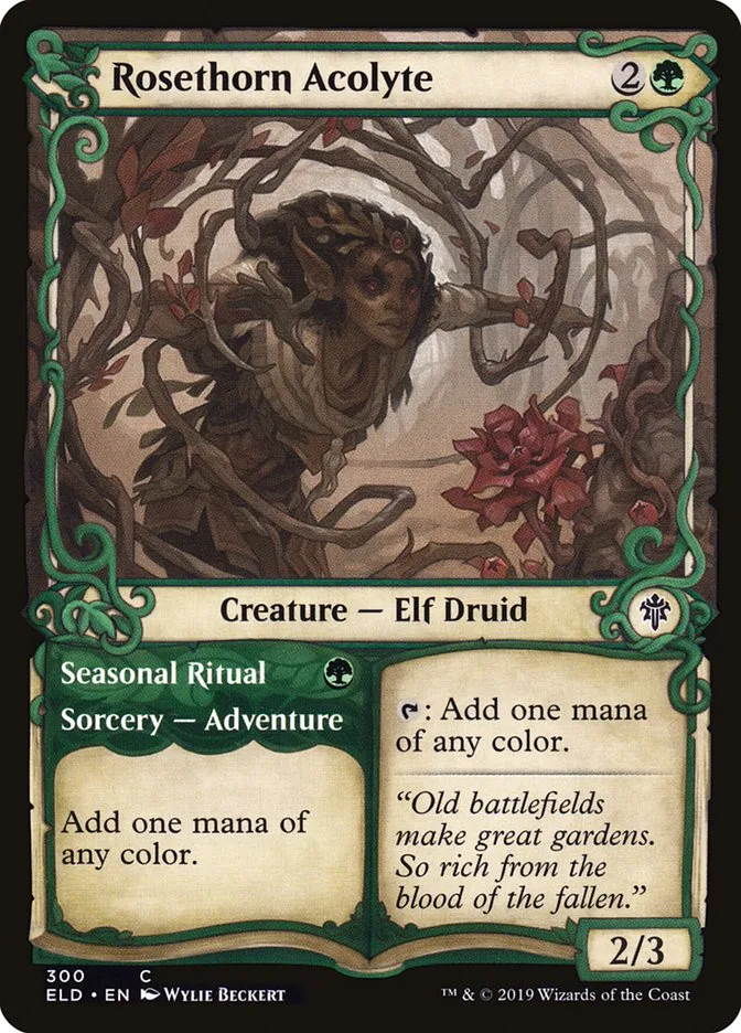 2019 Throne of Eldraine Rosethorn Acolyte // Seasonal Ritual #300 common card image