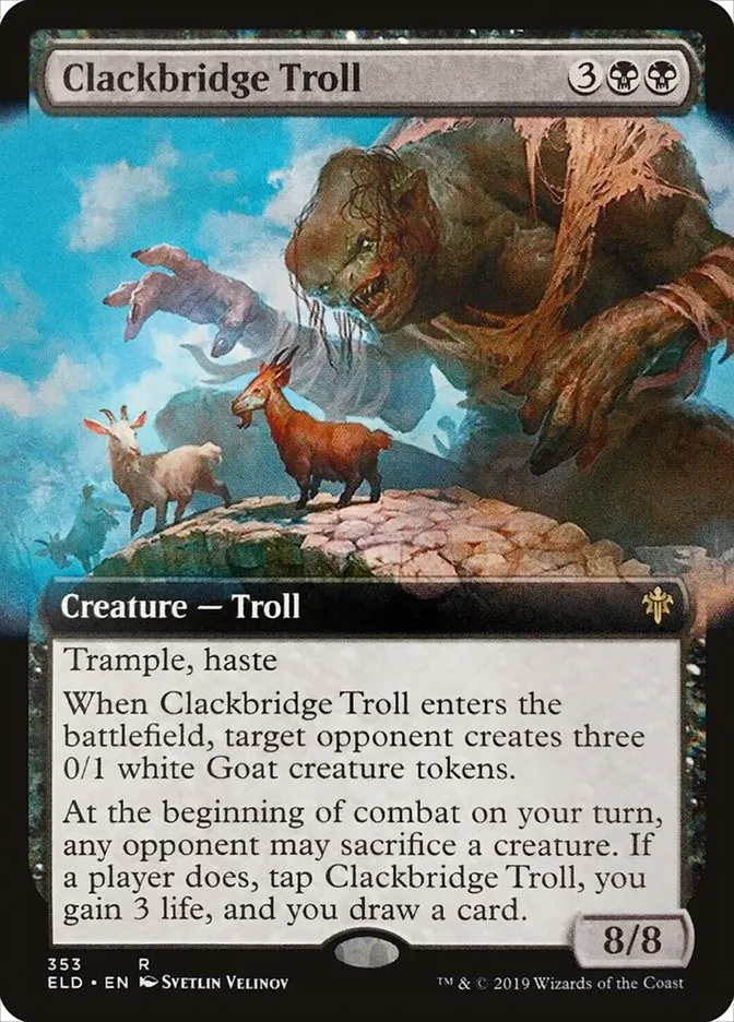 2019 Throne of Eldraine Clackbridge Troll #353 rare card image