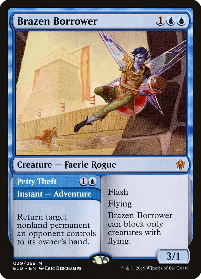 2019 Throne of Eldraine Brazen Borrower // Petty Theft mythic #39 mythic card image